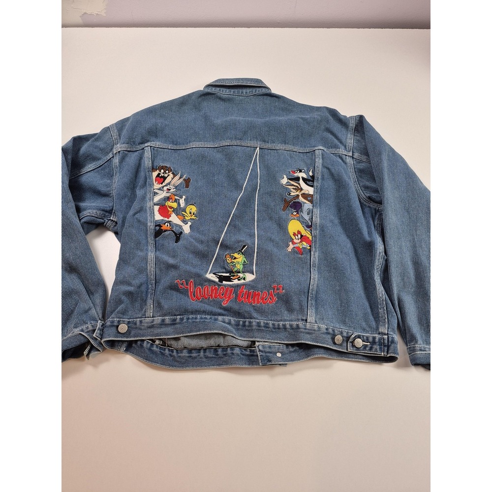 Vintage Looney Tunes WB Studio Store Denim Jacket Mens XL Blue Embroidered 90s